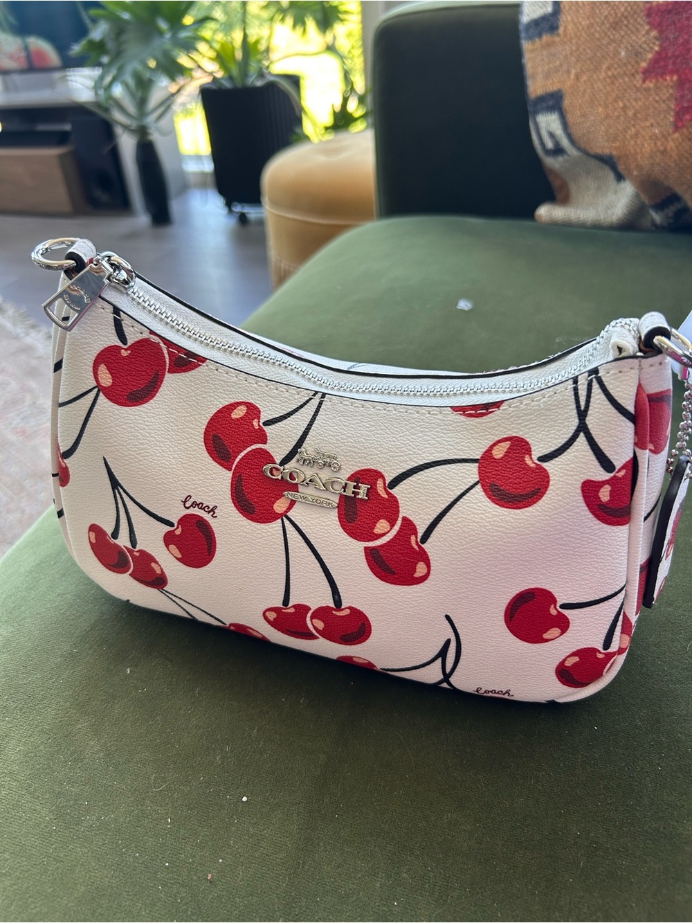 Coach White Cherry Print Mini Shoulder Bag with Red Accents